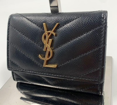 Saint Laurent Cassandra Gold Hardware Caviar Skin YSL Logo Key Case Leather
