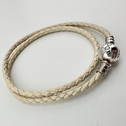 Pandora 925 Sterling Silver Cream Braided Leather Wrap Charm 13” Bracelet - Picture 4 of 8
