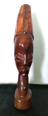 Vtg Hand Carved African Male Tribal Solid Wood Bust Statue Head Elongated Wire