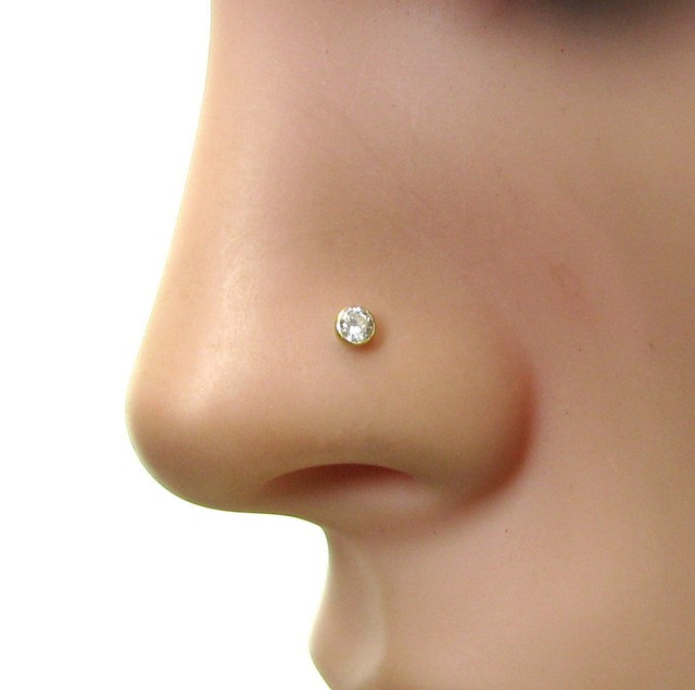 Solid Real gold Clip On CZ nose ring stud 14K Real Yellow Gold for