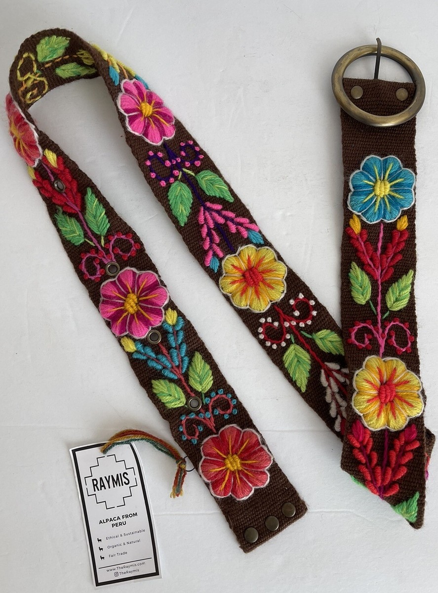 RAYMIS Peruvian Hand Embroidered Belt Natural Alpaca Wool  display picture 3