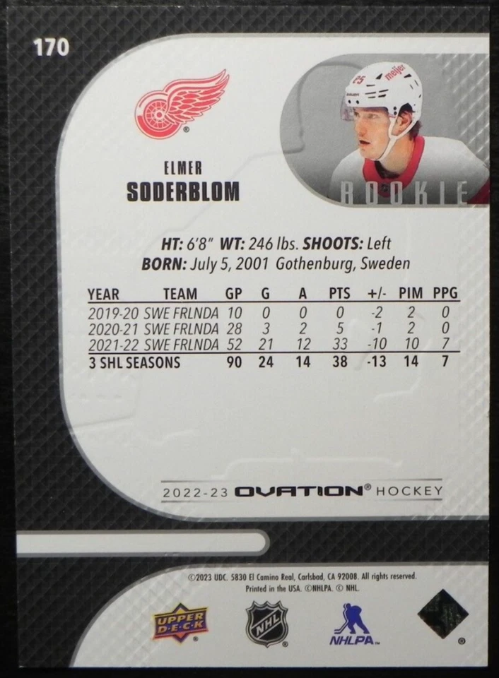 2022-23 22/23 Upper Deck Ovation ROOKIE #170 Elmer Soderblom Detroit Red Wings - Image 2 of 2