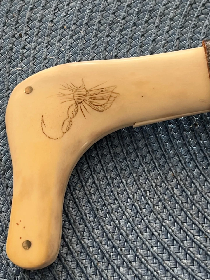 Raro Antiguo Club de Pesca Billy Wacker, Cuerno Tallado con Mango de Cuero Cuchillo Foto 2 de 4