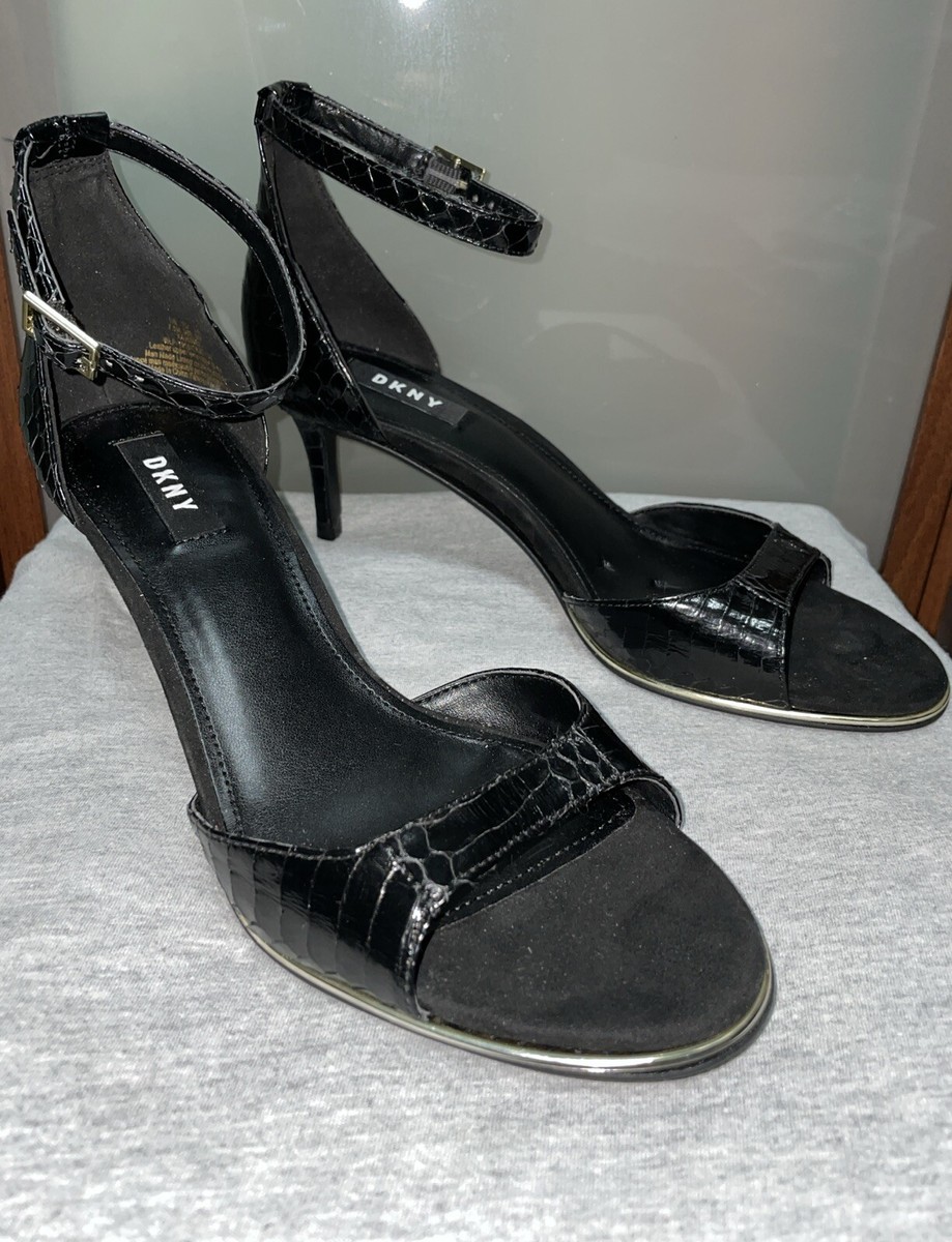 DKNY DONNA KARAN Black Snake Embossed Leather Ankle Strap Kitten Heels Sz  M