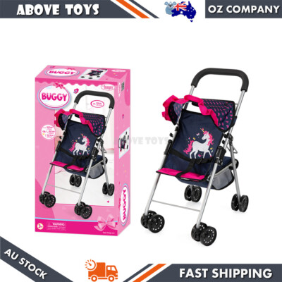 Bayer Buggy Doll Pram Foldable Dark Blue With Pink Heats & Unicorn For 46cm Doll