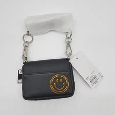 Happy Face Black Women Mini Wallet Zipper Card Holder Small Long Chain NWT