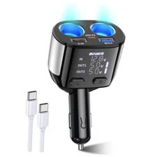 Cigarette Lighter Splitter 2 Socket w Voltmeter,  5 in 1 Fast Charge USB C Car 