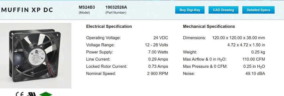 24VDC 9.6W 4A MS24/MS24S3H Comar Rotron Muffin XP Fan 120mm NEW 120 CFM [B8BB] - Image 4 of 4