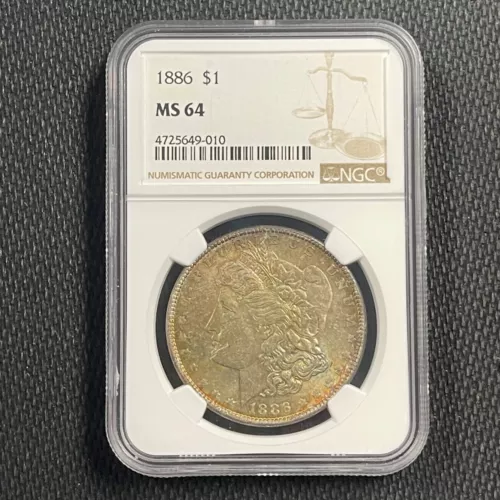 1886 $1 MS 64 NGC Toned Green Gold Color Morgan Silver Dollar 90% Graded (VIDEO)