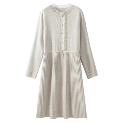 Lady Knitted Midi Dress Sweater Pleated Tie Waist Lace Edge Jumper Knitwear  Soft | eBay