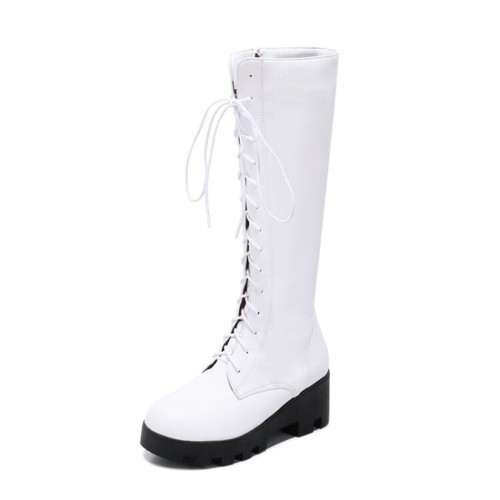 Women's Round Toe Combat Knee High Boots Lace Up Casual PU Leather Gothic Shoes - Bild 16 von 21