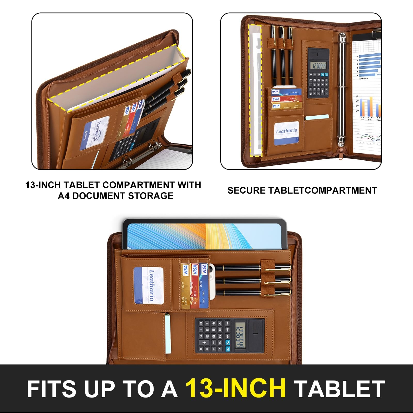 Leather Portfolio Binder Folder Organizer with Zipper, Calculator, Writing Pad
