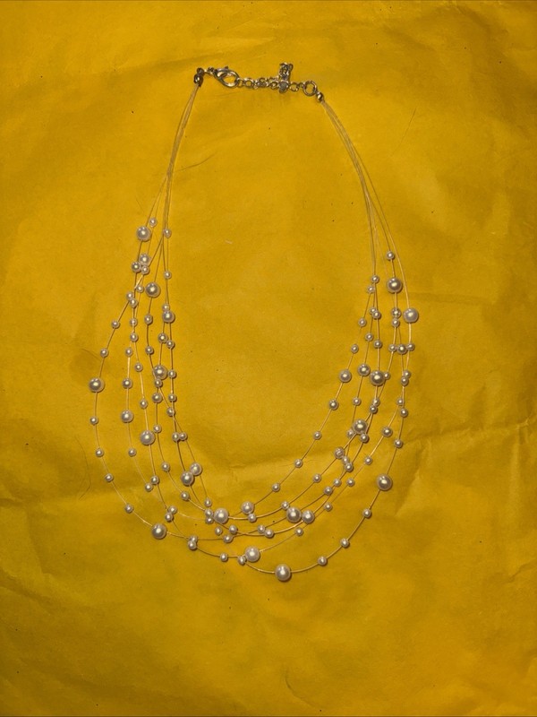 6 Tier Faux Beaded Pearl Women's Necklace Wire Chain Jewelry Preowned