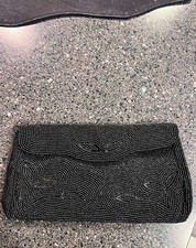 Vintage Black Beaded Women's Clutch Snap Closure Satin Lined Inner Pockets