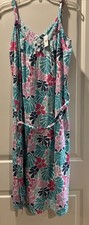 GAP Women Dress M Midi V Neck Tropical Beach Cotton Blend Tie Waist New