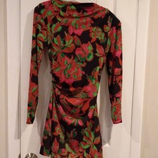 ZARA Women’s XS Floral Ruched Cowl Neck Mini Dress Long Sleeve Black Multi
