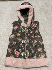 Little Lass Girls Vest With Hood Zip Button Green W/ Flowers Pink Lined Sz 6