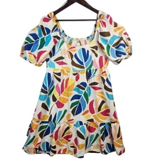 Tabitha Brown Target Mini Dress Women SZ LG Botanical Print Linen Blend Pockets