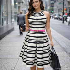 Eliza J Striped Halter Fit Flare Dress 6 Black Ivory Pink Belt Retro Mod NWT