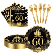 60 Pcs 60th Birthday Decorations Black gold Paper Plates and Napkins Forks Pa...