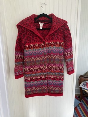 SUNDANCE Fair Isle Petite Small Collared Red Cardigan Button-Up 100% Wool