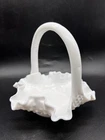 Vintage Fenton Hobnail white milk glass 6” Tall handled basket w/logo Excellent