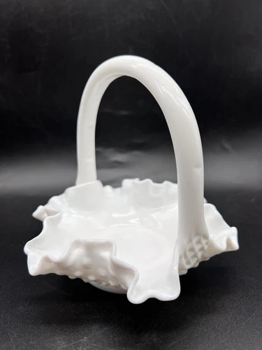 Vintage Fenton Hobnail white milk glass 6” Tall handled basket w/logo Excellent