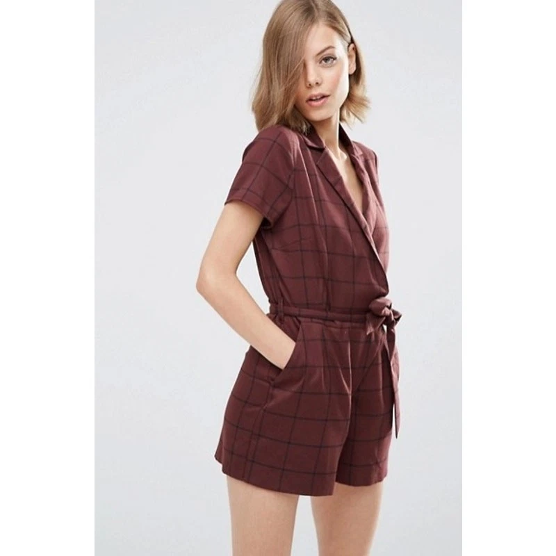 Pantalones Cortos Mameluco Marrón Negro Cuadros Rejilla Manga Corta Cintura Corbata Cuello Talla 2 ASOS Foto 2 de 4