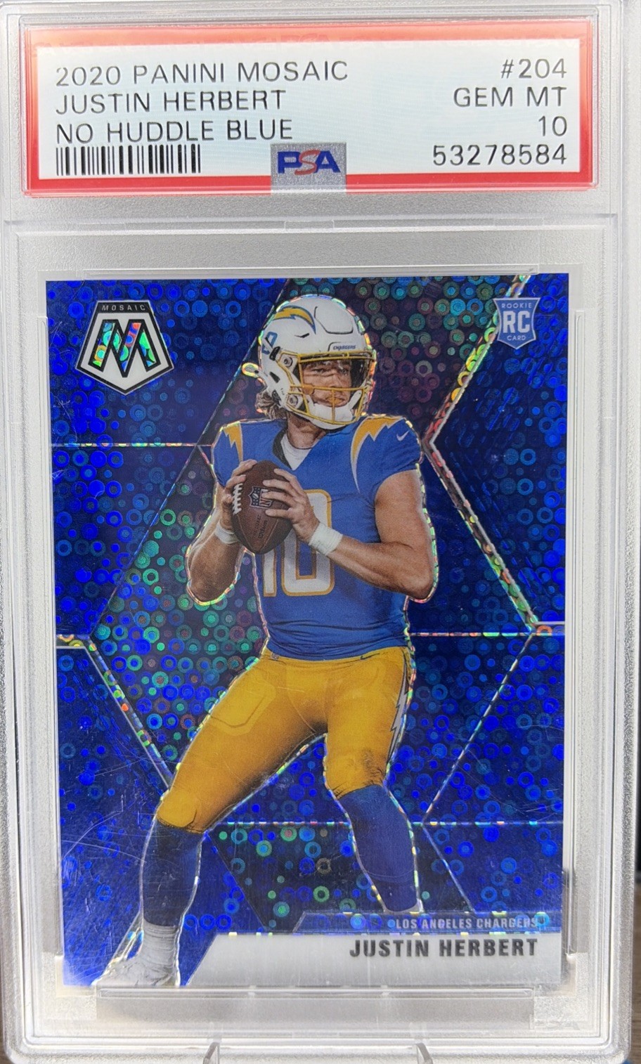 2020 Panini Mosaic Justin Herbert #204 RC Rookie No Huddle Blue Disco /75 PSA 10