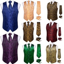Paisley Floral Solid Mens Vest Tie Hankie Cufflinks Set Wedding Tuxedo Gilet 5XL