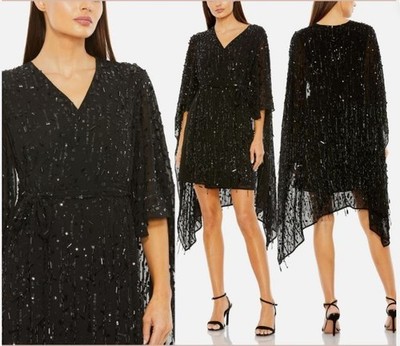 Mac Duggal 94044 Cape Sleeves Faux Wrap Dress Size Medium Color Black