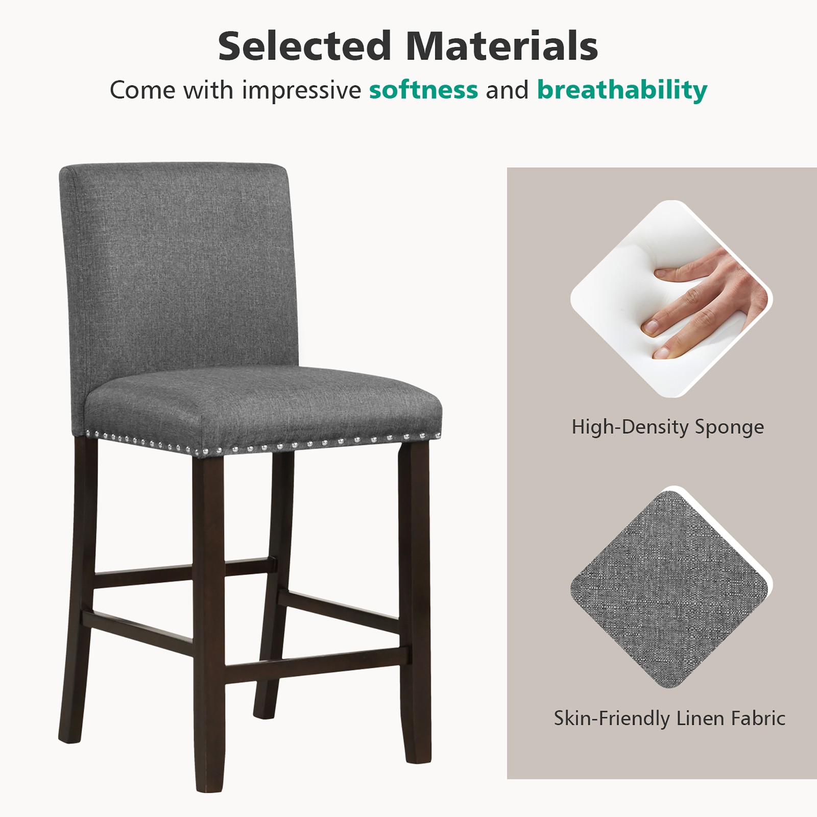 Set of 2 Bar Stools Linen Fabric Counter Height Chairs for Kitchen Island Grey
