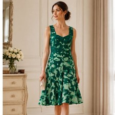 Oscar De La Renta Silk Abstract Fit Flare Dress SZ12 GREEN