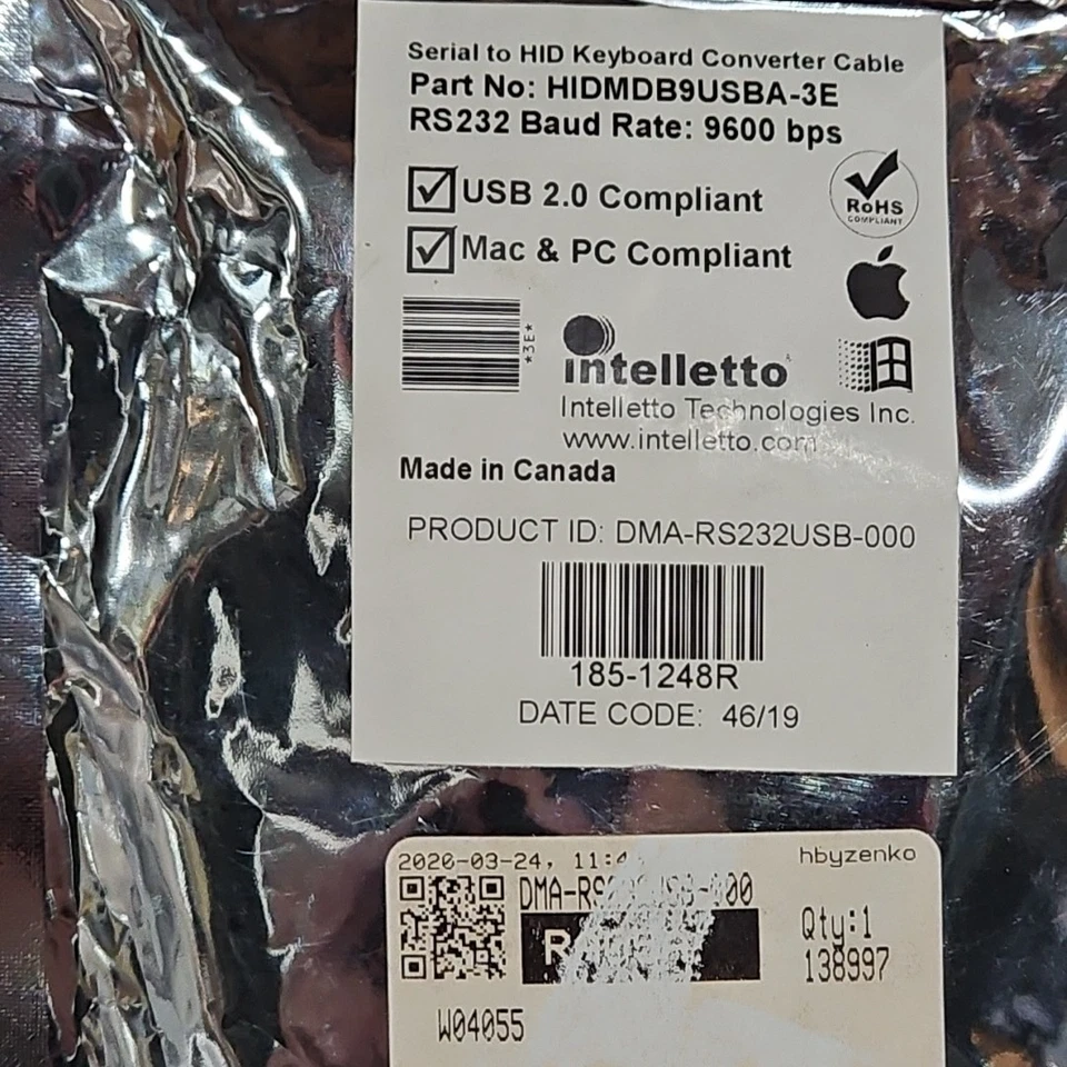 INTELLETTO DMA-RS232USB-000 SERIAL HID KEYBOARD CONVERTER CABLE HIDMDB9USBA-3E - Image 4 of 4