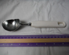Stainless steel ice cream scoop with white plastic handle