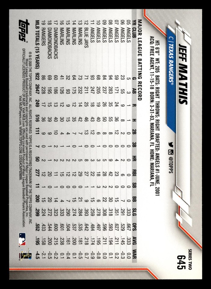 Jeff Mathis 2020 Topps #645 Texas Rangers Baseball *033 | eBay