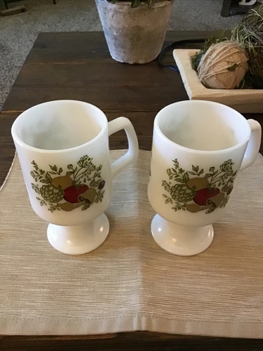 Pair Of Vtg CorningWear Milk Glass "Spice Of Life" Coffee Mugs