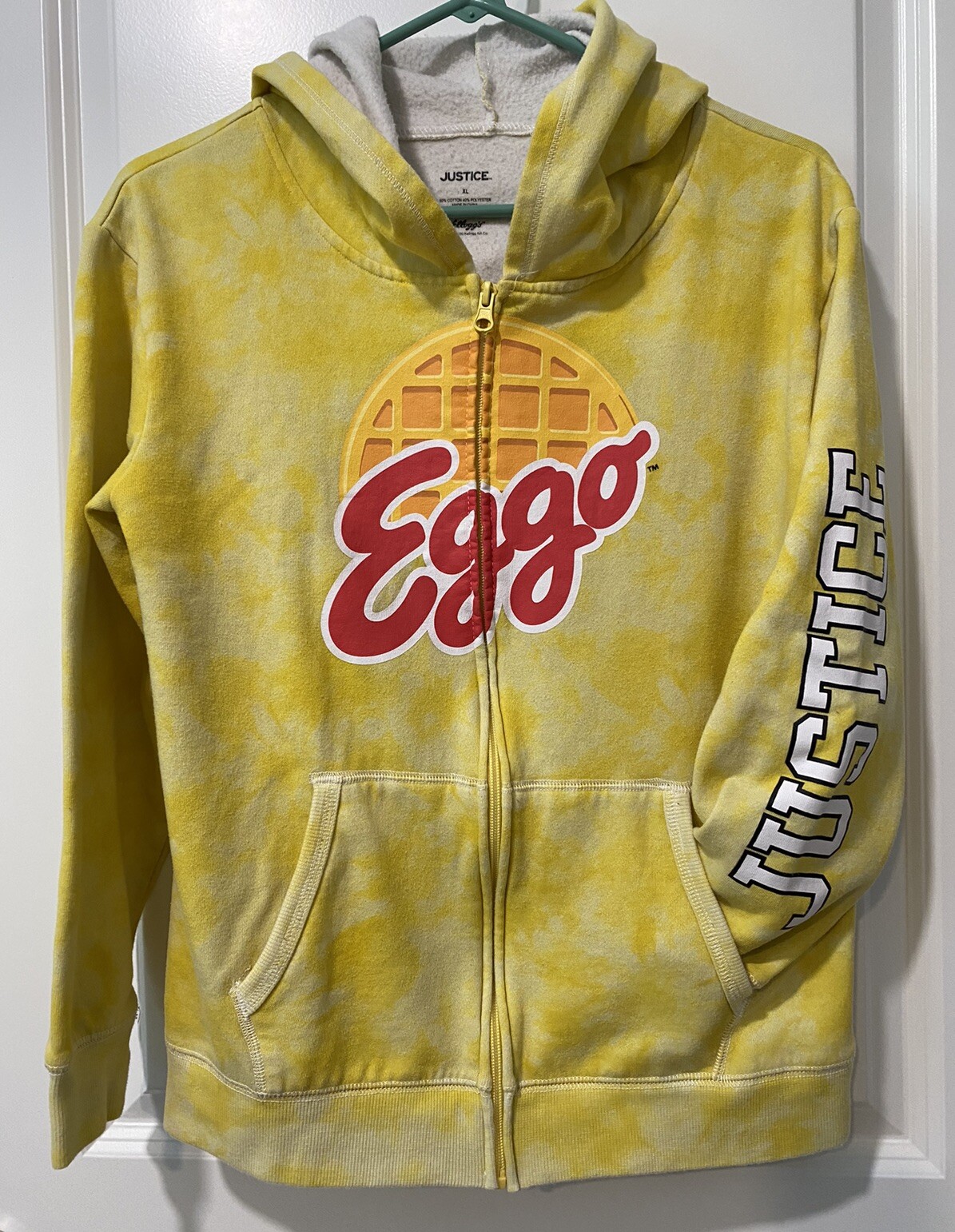 Justice EGGO Waffles Tie Dye Hoodie Zip Up Hand Warmers Yellow Size Girls XL