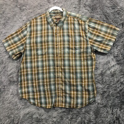 CE Schmidt Workwear Shirt Mens 2XL Green Yellow Plaid Short Sleeve Pocket Casual