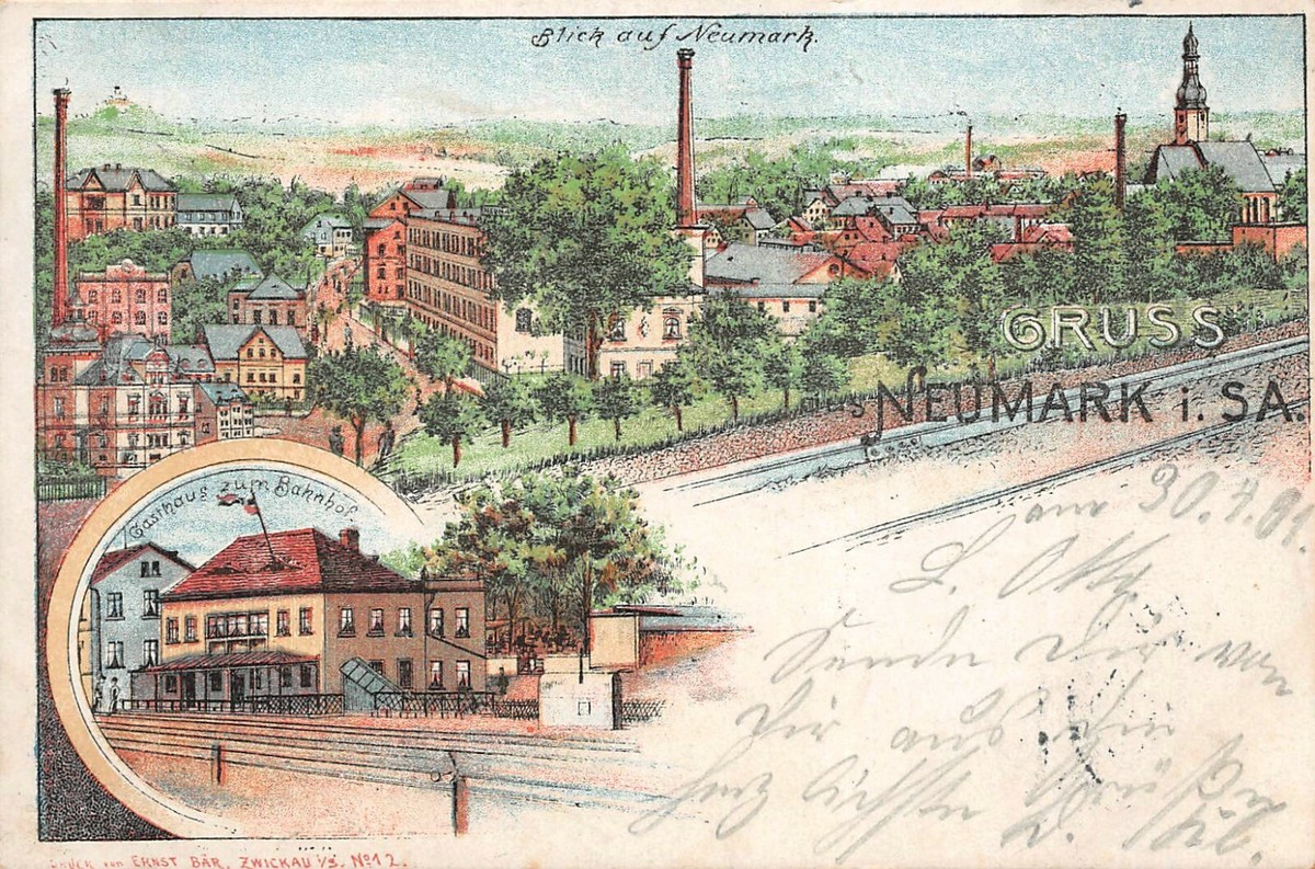 Gruss aus Neumark mit Bahnhof und Gasthof Vogtland Sachsen Litho