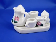 MINIATURE TEA SET ONE PIECE TEA POT CUPS CREAMER SUGAR ON TRAY BASE ~ NO DAMAGE