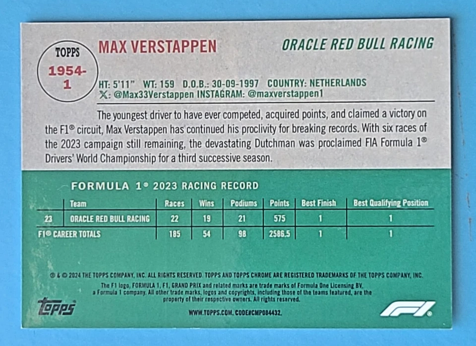 2024 Topps Chrome Sapphire Formula 1 F1 Max Verstappen 1954 Gold 14/50 #1954 - Image 2 of 2