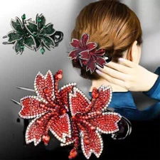 Crystal Double Flower Duckbill Clip Back Of Head Large Hair Clip Elegant Women ~