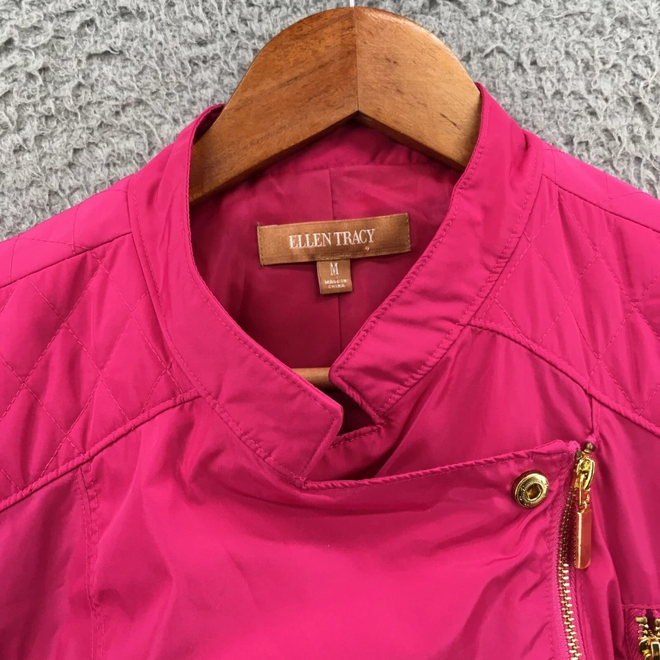 Ellen Tracy Asymmetrical Full Zip Quilted Jacket Womens M Pink Zipped Pockets - Image 3 of 4