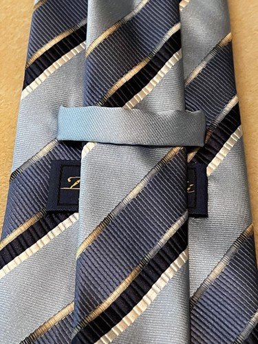 BORRELLI TIE, HAND STITCHED POLYESTER 58 INCHES BLUE BLACK GOLD SILVER. - Picture 5 of 11