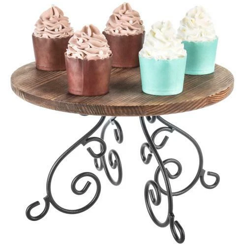 Soporte redondo para pasteles de madera con madera quemada rústica y base de pedestal de metal negro Foto 2 de 4