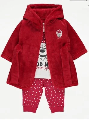 GEORGE Weihnachten Minnie Mouse 3-teilig Baby Nachtwäsche Pyjama und Morgenmantel rot weich.