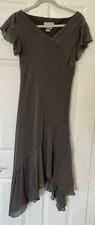 Adrianna Papell 100% Silk Gray White Polka Dot Midi Asymmetrical Dress Sz 10