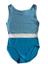 Vintage 80s Teal White Stripe Leotard One Piece Bodysuit M