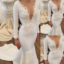 Elegant White V Neck Wedding Dresses Long Sleeves Beaded Lace Applique Gowns